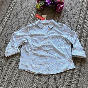 Women's Blue Striped Button Down Shirt with Yellow Accents Lemon Design Size XL